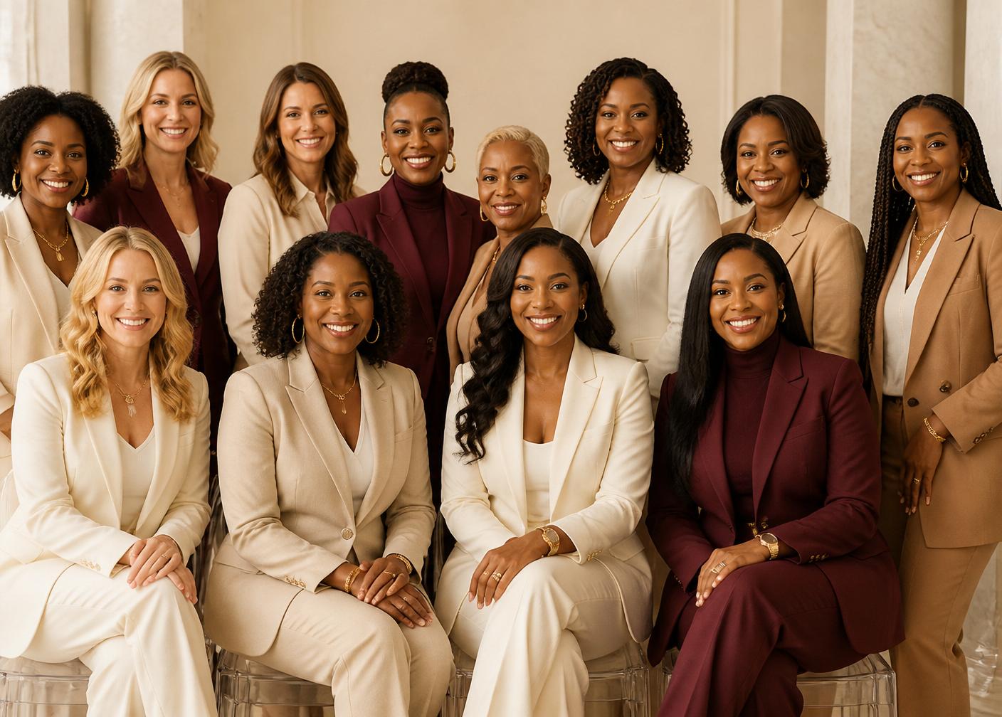 A group of successful African American women leaders, joined by three Caucasian women, standing together in elegant business attire