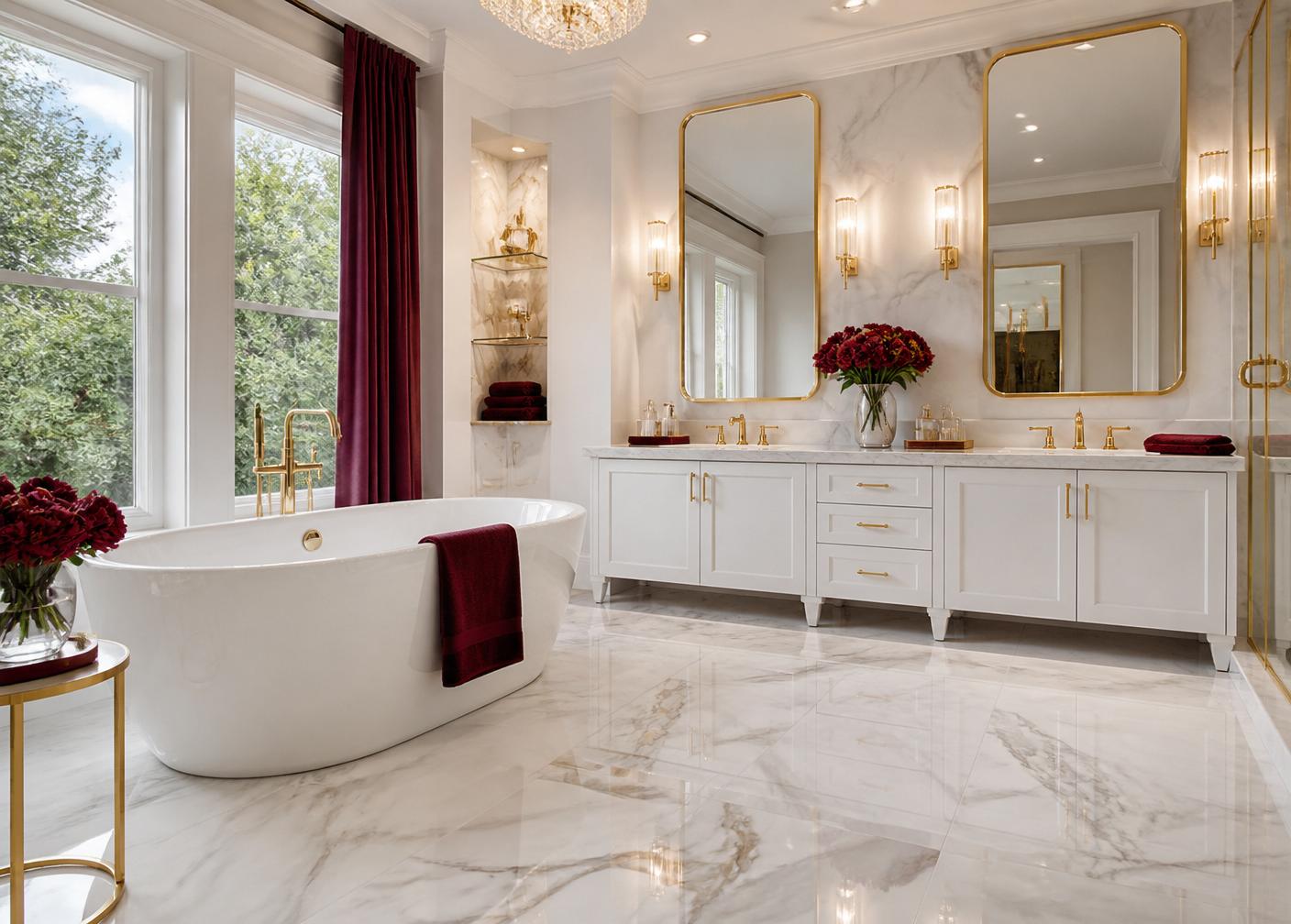 A spa-like luxury bathroom with freestanding tub, gold fixtures, marble, and wine accent towels