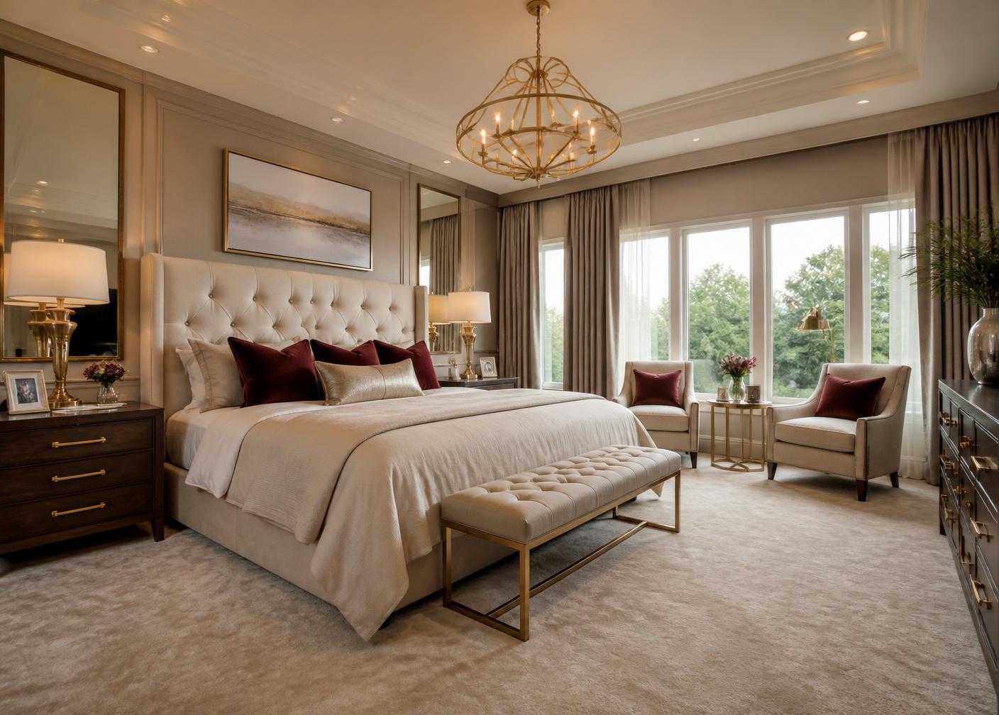 A luxurious primary bedroom with cream upholstered headboard, gold fixtures, and wine accent pillows
