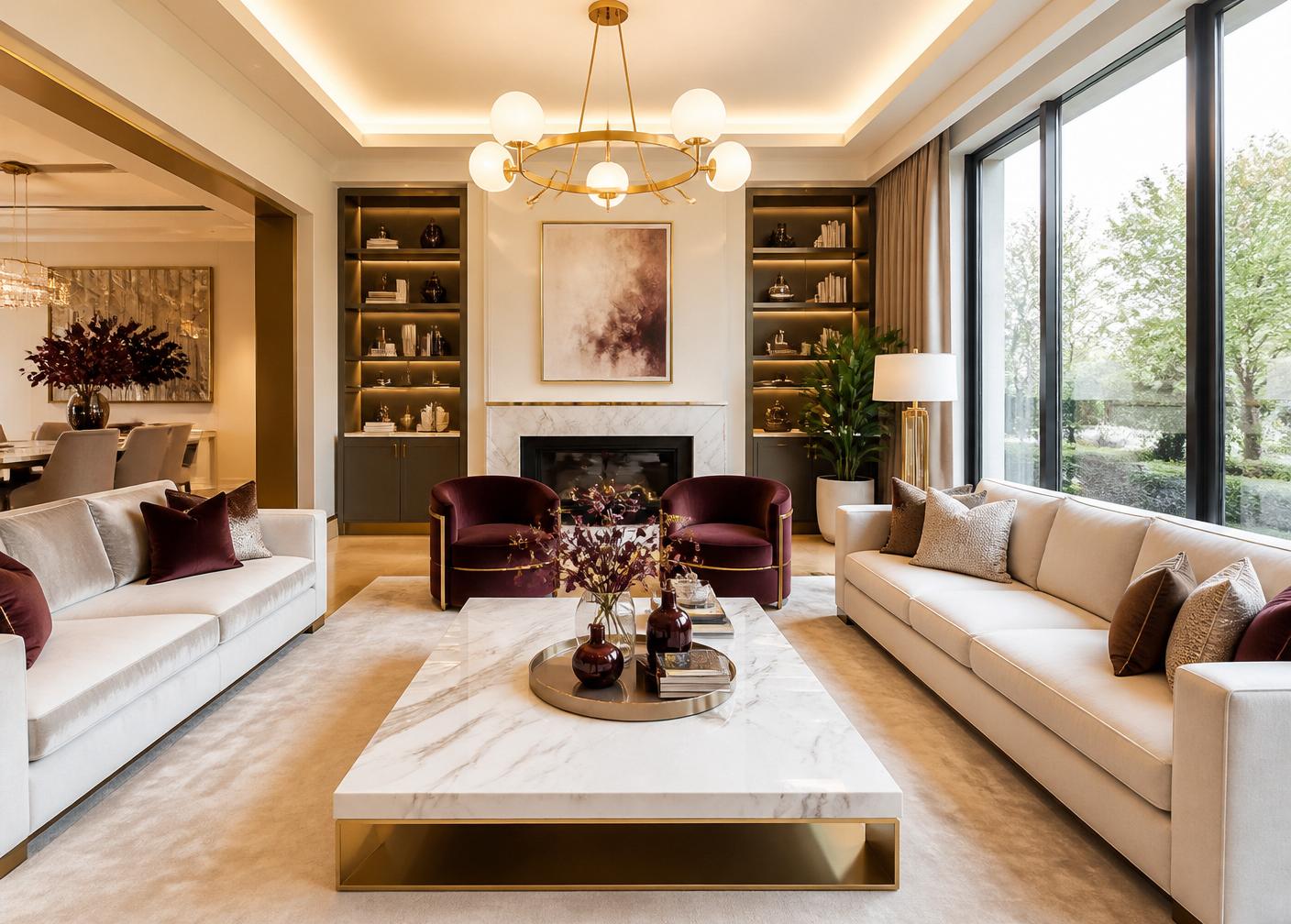 A bright luxury living room with cream sofas, gold chandelier, marble accents, and wine decor