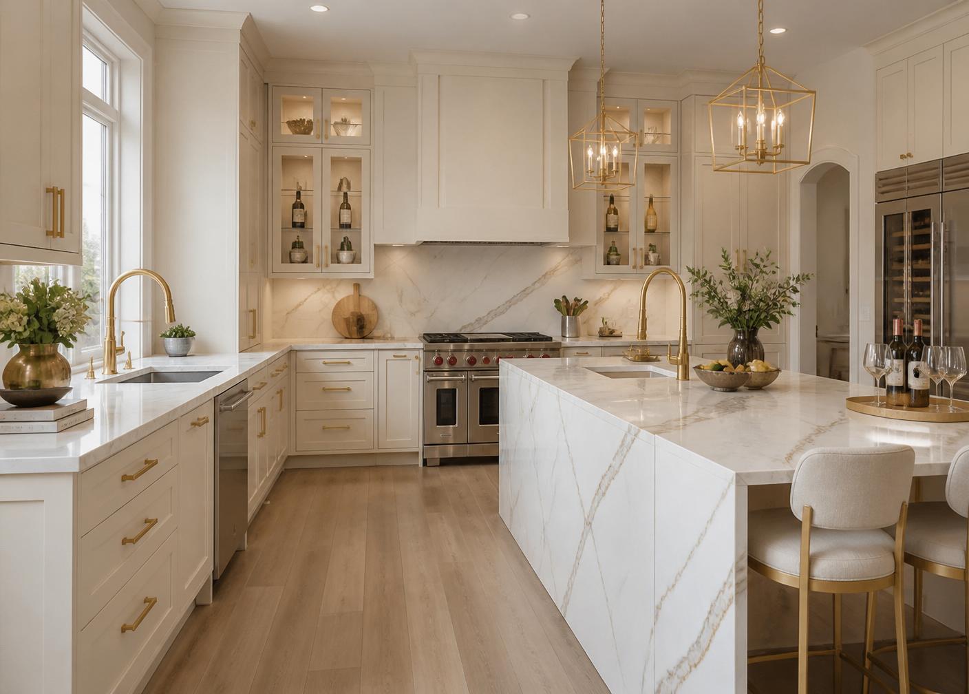 A bright luxury kitchen with cream cabinetry, gold fixtures, marble countertops, and wine accents
